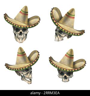 Un teschio umano in un cappello sombrero con ornamento . Illustrazione ad acquerello disegnata a mano per il giorno dei morti, halloween, dia de los muertos. Set di Foto Stock