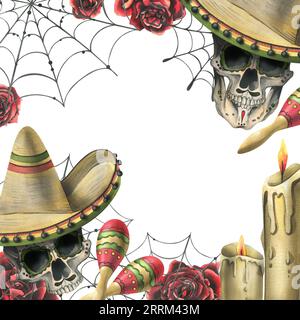 Teschi umani, in un sombrero cappello con maracas, rose rosse, candele e ragnatele. Illustrazione ad acquerello disegnata a mano per Day of the Dead, halloween, dia Foto Stock