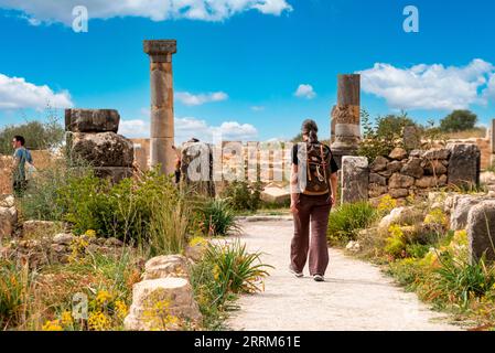 Rovine dell'antica città romana di Volubilis in Marocco, Nord Africa Foto Stock