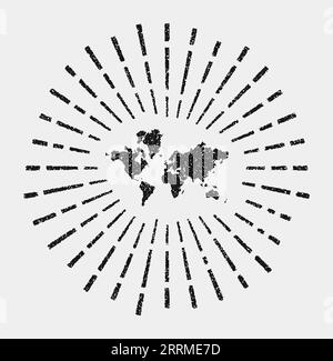 Mappa d'epoca del mondo. Grunge Sunburst in tutto il mondo. Forma nera con raggi del sole su sfondo bianco. Illustrazione vettoriale. Illustrazione Vettoriale