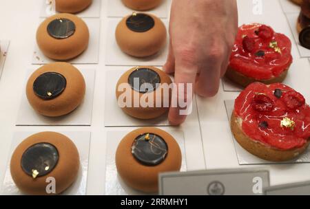 221101 -- PARIGI, 1 novembre 2022 -- i dolci al cioccolato sono esposti alla 27a Fiera del cioccolato di Parigi all'Expo di Versailles a Parigi, in Francia, 31 ottobre 2022. La 27a fiera del cioccolato Salon du Chocolat si è tenuta dal 28 ottobre al 1 novembre. FRANCIA-PARIGI-FIERA DEL CIOCCOLATO GaoxJing PUBLICATIONxNOTxINxCHN Foto Stock