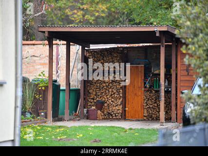 221103 -- BERLINO, 3 novembre 2022 -- la legna da ardere è immagazzinata fuori da una casa a Berlino, capitale della Germania, 1 novembre 2022. In risposta all'aumento dei prezzi dell'energia, alcuni residenti di Berlino hanno iniziato a immagazzinare legna da ardere per il prossimo inverno. GERMANIA-BERLINO-INVERNO-LEGNA DA ARDERE RenxPengfei PUBLICATIONxNOTxINxCHN Foto Stock