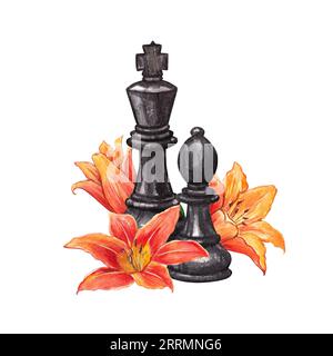 Pezzi di scacchi in fiori. Acquerello dipinto a mano con pezzi da scacchi in legno nero. Clipart su sfondo bianco per la progettazione di una mazza di scacchi Foto Stock