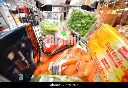221111 -- BERLINO, 11 novembre 2022 -- questa foto scattata l'11 novembre 2022 mostra le merci in un carrello della spesa in un supermercato di Berlino, capitale della Germania. Secondo i dati ufficiali, l'inflazione in Germania, la più grande economia europea, è in aumento e ha raggiunto il 10,4% in ottobre. GERMANIA-BERLINO-INFLAZIONE RenxPengfei PUBLICATIONxNOTxINxCHN Foto Stock