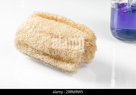 Spugna, gel doccia alla lavanda e fiori di lavanda su fondo di vetro bianco. Riflesso Foto Stock