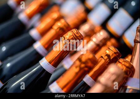 Durante la festa, all'aperto vengono servite molte bottiglie di champagne e vino frizzante. Costa des Bar, Aube, a sud di Champagne, Francia in estate Foto Stock