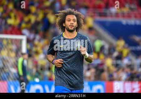 Mosca, Russia - 27 giugno 2018. Ala della nazionale di calcio brasiliana Marcelo prima della partita della Coppa del mondo FIFA 2018 Serbia vs Brasile (0-2) Foto Stock