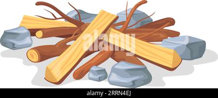 Pila di legna da ardere per falò. Rami di legno e pietre di cartone animato isolati su sfondo bianco Illustrazione Vettoriale