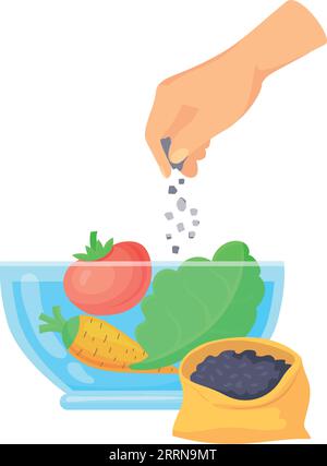 Icona del condimento per insalata. Versare il pepe sulle verdure in un recipiente di vetro isolato su sfondo bianco Illustrazione Vettoriale