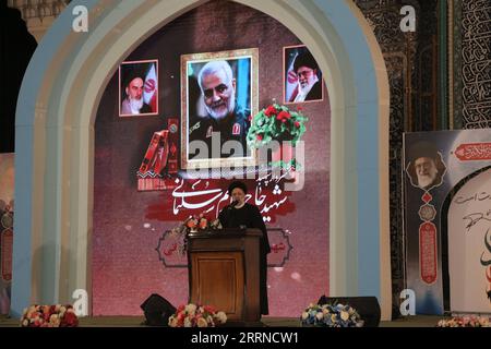 230103 -- TEHERAN, 3 gennaio 2023 -- il presidente iraniano Ebrahim Raisi parla durante una cerimonia che segna il terzo anniversario dell'assassinio dell'ex comandante iraniano Qassem Soleimani a Teheran, Iran, il 3 gennaio 2023. Gli iraniani si sono riuniti martedì in tutto il paese per ricordare l'ex comandante Qassem Soleimani assassinato dagli Stati Uniti nel gennaio 2020. IRAN-TEHERAN-QASSEM SOLEIMANI-ASSASSINIO-ANNIVERSARIO GAOXWENCHENG PUBLICATIONXNOTXINXCHN Foto Stock