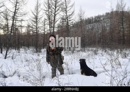 230113 -- GENHE, 13 gennaio 2023 -- Juele chiama le sue renne alla catena forestale di Jinhe vicino a Genhe City, regione autonoma della Mongolia interna della Cina settentrionale, 12 gennaio 2023. Ogni due o tre giorni, Juele Bulituotian si dirigerà verso la catena forestale di Jinhe a circa 80 chilometri da Genhe City. E' qui che il 39enne allevatore Aoluguya Ewenki, che indossa un tradizionale cappotto di pelliccia, troverà le sue renne da foraggiatore. Invece di tenere le renne in un fienile, i pastori Ewenki lasciano che gli animali vivano nella foresta e li controllano ogni due giorni. Juele possiede oltre 60 renne. Chiamerà la sua renna nell'Ewenki la Foto Stock