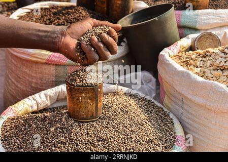 230117 -- YAOUNDE, 17 gennaio 2023 -- questa foto scattata il 16 gennaio 2023 mostra pepe bianco in vendita in un negozio di alimentari a Yaounde, Camerun. Il peperoncino bianco di penja prodotto nella regione litorale del Camerun è rinomato in tutto il mondo e si trova ora nella sua stagione di raccolta. I lavoratori delle piantagioni raccolgono frutti di pepe maturi, li immergono in acqua e li fermentano, quindi rimuovono la polpa per ottenere semi di pepe bianco, che possono essere venduti o trasformati dopo l'essiccazione. Foto di /Xinhua CAMERUN-YAOUNDE-PEPE BIANCO Kepseu PUBLICATIONxNOTxINxCHN Foto Stock