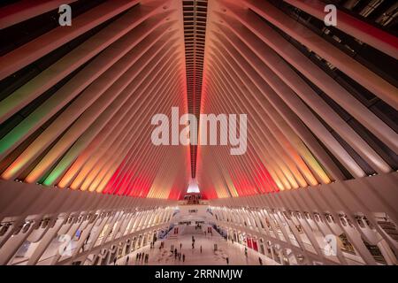 230121 -- NEW YORK, 21 gennaio 2023 -- questa foto scattata il 20 gennaio 2023 mostra il centro di trasporto del World Trade Center illuminato per il Capodanno lunare cinese, a New York, negli Stati Uniti. Foto di /Xinhua U.S.-NEW YORK-CHINESE LUNAR NEW YEAR-LIGHTING WinstonxZhou PUBLICATIONxNOTxINxCHN Foto Stock