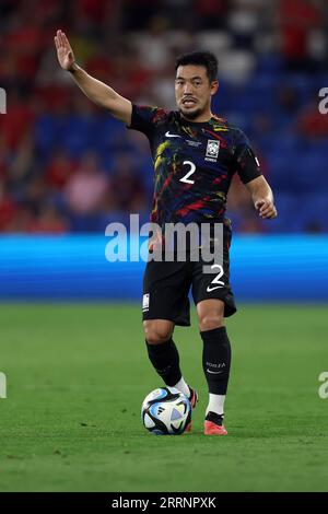 Cardiff, Regno Unito. 7 settembre 2023. Kije Lee della Corea del Sud in azione. Galles contro Corea del Sud, partita amichevole di calcio internazionale allo stadio Cardiff City di Cardiff, Galles del Sud giovedì 7 settembre 2023. Solo per uso editoriale. foto di Andrew Orchard/Andrew Orchard fotografia sportiva/Alamy Live News Credit: Andrew Orchard fotografia sportiva/Alamy Live News Foto Stock