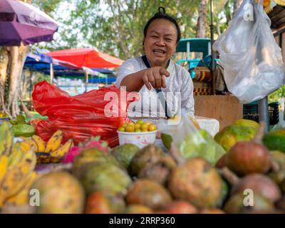 230214 -- XISHUANGBANNA, 14 febbraio 2023 -- Un abitante del villaggio vende frutta coltivata localmente nel punto panoramico di Mengjinglai, nella contea di Menghai, nella prefettura autonoma di Xishuangbanna dai, provincia dello Yunnan della Cina sud-occidentale, 12 febbraio 2023. Xishuangbanna ha ricevuto oltre 2,7175 milioni di visite durante la festa del Festival di Primavera di quest'anno, in aumento del 554,51% anno dopo anno, secondo il dipartimento di cultura e turismo locale. CINA-YUNNAN-XISHUANGBANNA-TURISMO CN ChenxXinbo PUBLICATIONxNOTxINxCHN Foto Stock