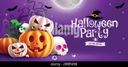 Design vettoriale di testo per le feste di Halloween. Biglietto d'invito per la festa di Halloween con lanterna di zucca e elementi lunari sullo sfondo della notte. Vettore Illustrazione Vettoriale