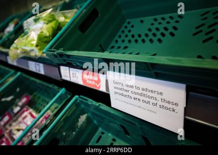 230224 -- MANCHESTER, 24 febbraio 2023 -- mensole vegetali quasi vuote sono viste in un supermercato a Manchester, in Gran Bretagna, 23 febbraio 2023. Alcuni supermercati nel Regno Unito hanno posto limiti a determinati prodotti ortofrutticoli a causa della carenza di offerta. Il freddo in Spagna e Marocco ha drasticamente influenzato la disponibilità di ortaggi sui mercati britannici, insieme all'aumento dei prezzi dell'energia. I problemi di approvvigionamento sono imputati anche agli elevati costi energetici che rendono le serre britanniche più costose per il riscaldamento. Foto di /Xinhua BRITAIN-FRUIT AND VEGETABLE-SHORTAGE JonxSuper PUBLICATIONxNOTxINxCHN Foto Stock