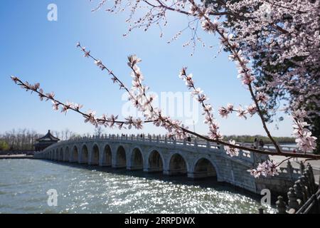 230315 -- PECHINO, 15 marzo 2023 -- questa foto scattata il 15 marzo 2023 mostra il Ponte dei 17 archi nel Palazzo d'Estate di Pechino, capitale della Cina. CHINA-BEIJING-SUMMER PALACE-SPRING CN CHENXYEHUA PUBLICATIONXNOTXINXCHN Foto Stock