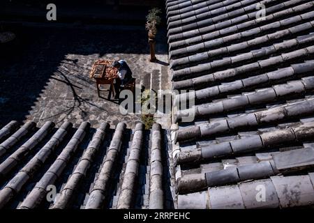 230317 -- JIANCHUAN, 17 marzo 2023 -- Duan Sixing fa un lavoro di intaglio in legno nella contea di Jianchuan, prefettura autonoma di Dali Bai nella provincia dello Yunnan della Cina sud-occidentale, 1 dicembre 2022. La contea di Jianchuan, situata nella prefettura autonoma di Dali Bai nella provincia dello Yunnan della Cina sud-occidentale, ha una lunga storia nell'intaglio del legno che risale alle dinastie Tang 618-907 e Song 960-1279. Le abilità di intaglio si sono gradualmente sviluppate da un rilievo a uno strato fino a un rilievo scavato a sette strati, e sono ora applicate alla realizzazione di parti architettoniche, mobili in legno, dipinti murali e souvenir turistici. Quattro S di alto livello Foto Stock