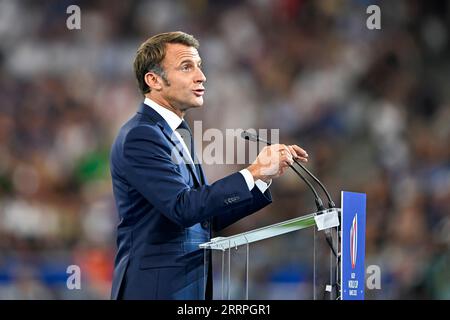 Parigi, Francia. 8 settembre 2023. Emmanuel Macron durante la Coppa del mondo di rugby RWC 2023, Pool A match tra Francia e nuova Zelanda l'8 settembre 2023 allo Stade de France di Saint-Denis vicino Parigi. Crediti: Victor Joly/Alamy Live News Foto Stock