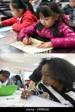 230420 -- PECHINO, 20 aprile 2023 -- questa foto combinata mostra i bambini che sperimentano la scrittura di oracolo di ossa al National Museum of Chinese Writing ad Anyang, nella provincia di Henan, nella Cina centrale, 25 novembre 2017, nella parte superiore, foto scattata da li Jianan, e gli studenti kenioti che scrivono calligrafia cinese durante un evento che celebra la giornata della lingua cinese delle Nazioni Unite presso il Confucio Institute presso l'Università di Nairobi, in Kenya, 18 aprile 2023 inferiore, foto scattata da Han Xu. La giornata della lingua cinese delle Nazioni Unite si celebra il 20 aprile di ogni anno dal 2010, celebrando il contributo della lingua al mondo Foto Stock