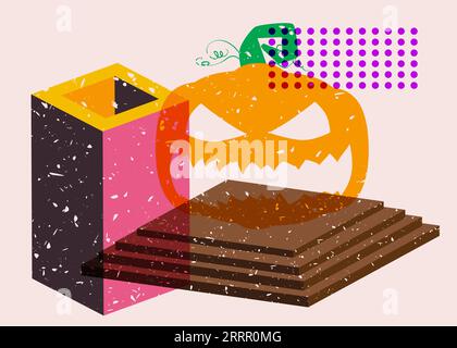 Poster a grafico riso di Halloween con Jack o' Lantern e forme geometriche. Tema natalizio astratto. Elementi geometrici stile texture stampa risografia astratta Illustrazione Vettoriale