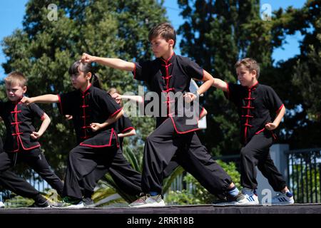 230424 -- LA VALLETTA, 24 aprile 2023 -- questa foto scattata il 23 aprile 2023 mostra una performance di arti marziali durante la Fiera di Primavera a Santa Lucija, Malta. La Fiera di Primavera, caratterizzata da diverse attività culturali cinesi, si è tenuta domenica presso il Giardino della Serenità, un giardino tradizionale cinese a Santa Lucija, Malta. La fiera, organizzata congiuntamente dal China Cultural Centre di Malta e dal consiglio locale di Santa Lucija, ha offerto ai partecipanti l'opportunità di concedersi tè e cucina cinesi, sperimentare l'arte della calligrafia e persino provare l'abbigliamento cinese Han. PER ANDARE CON le vetrine della Fiera di Primavera Foto Stock