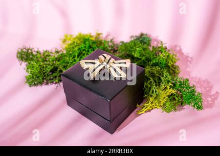 Brooche dorata a forma di fiocco su una scatola di gioielli nera accanto al lichene verde su sfondo rosa con ombre di foglie di palma, primo piano Foto Stock