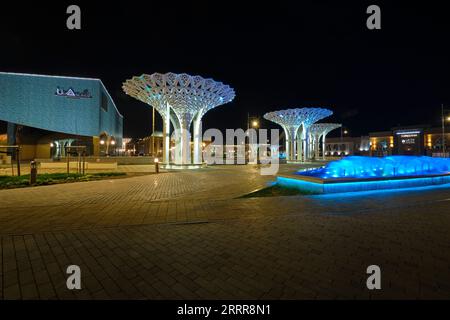 Vista notturna della zona pedonale illuminata e luminosa, con fontana d'acqua e museo. In Turkestan, Kazakistan. Foto Stock