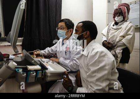 Eritrea, Ärzte aus China in Asmara 230516 -- ASMARA, 16 maggio 2023 -- il dottor Wang Xiao L conduce un esame ultrasonico per un paziente all'ospedale Orotta di Asmara, Eritrea, il 9 maggio 2023. I medici della sedicesima squadra medica cinese in Eritrea hanno condotto 346 interventi chirurgici e 2.120 esami di imaging medico da quando sono arrivati nel paese dell'Africa orientale il 17 aprile 2023. Quasi 300 medici cinesi hanno fornito servizi medici in Eritrea dal 1997. ERITREA-ASMARA-SQUADRA MEDICA CINESE WangxGuansen PUBLICATIONxNOTxINxCHN Foto Stock