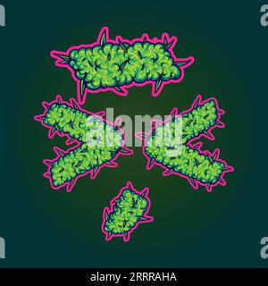 Il monogramma con il simbolo del pacchetto contiene illustrazioni vettoriali per il logo dell'opera, la t-shirt del merchandisse, gli adesivi e i disegni delle etichette, il poster, i saluti c Illustrazione Vettoriale