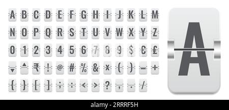 Lavagna a fogli mobili o display tabellone segnapunti alfabetico, numerico e simbolo di borsa Illustrazione Vettoriale