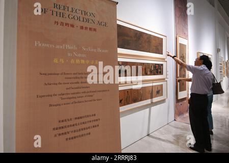 230530 -- SINGAPORE, 30 maggio 2023 -- i visitatori vedono i dipinti della dinastia Song 960-1279 durante la mostra d'arte Reflection of the Golden Age presso il China Cultural Centre di Singapore, 28 maggio 2023. Foto di /Xinhua SINGAPORE-MOSTRA D'ARTE ThenxChihxWey PUBLICATIONxNOTxINxCHN Foto Stock