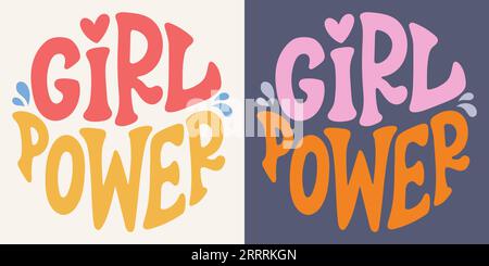Groovy Lettering Girl Power. Slogan retrò dalla forma rotonda. Stampa elegante per poster, cartoline e tshirt. Illustrazione Vettoriale