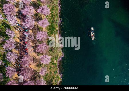 230611 -- HANGZHOU, 11 giugno 2023 -- questa foto aerea scattata il 14 marzo 2023 mostra i membri del personale che raccolgono animali galleggianti su una sezione del fiume Puyang nella contea di Pujiang, nella città di Jinhua, nella provincia di Zhejiang nella Cina orientale. Dal 2003, Zhejiang, situata nel delta del fiume Yangtze, ha attuato un programma di risveglio verde rurale per la revisione dell'ambiente di vita dei villaggi, che è stato assegnato al programma UNEP Champions of the Earth nel settembre 2018. Per vent'anni, il programma ha creato migliaia di bellissimi villaggi e ha cambiato radicalmente il volto della provincia s c Foto Stock