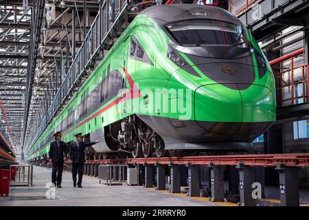 230619 -- LHASA, 19 giugno 2023 -- Un treno ad alta velocità Fuxing è visto in un centro di preparazione a Lhasa, capitale della regione autonoma del Tibet del sud-ovest della Cina, 11 gennaio 2023. Dal VII secolo, la città di Lhasa gradualmente emerse nel cuore dell'altopiano, annidato nella valle del fiume Lhasa -- un affluente del fiume Yarlung Tsangpo. La ricca storia della città si estende per secoli, caratterizzata da strati di patrimonio culturale, favorendo così una cultura distintiva dell'altopiano che abbraccia la diversità e l'inclusività. Questa straordinaria cultura dell'altopiano esemplifica la vibrante vitalità di chi Foto Stock