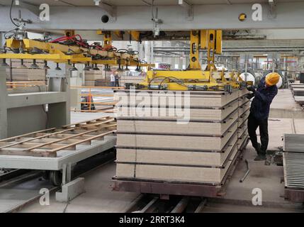 230628 -- TANGSHAN, 28 giugno 2023 -- un dipendente lavora in un'azienda che produce materiali da costruzione nella contea di Luannan, nella provincia di Hebei, nella Cina settentrionale, 27 giugno 2023. La contea di Luannan si è impegnata in uno sviluppo di alta qualità concentrandosi sulla promozione di imprese con tecnologie innovative e di alto livello. CHINA-HEBEI-ENTERPRISE-PRODUCTION CN YangxShiyao PUBLICATIONxNOTxINxCHN Foto Stock