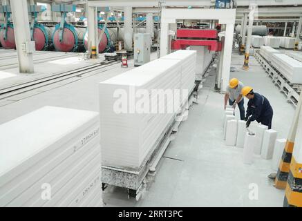 230628 -- TANGSHAN, 28 giugno 2023 -- i dipendenti lavorano in un'azienda che produce materiali da costruzione nella contea di Luannan, nella provincia di Hebei, nella Cina settentrionale, 27 giugno 2023. La contea di Luannan si è impegnata in uno sviluppo di alta qualità concentrandosi sulla promozione di imprese con tecnologie innovative e di alto livello. CHINA-HEBEI-ENTERPRISE-PRODUCTION CN YangxShiyao PUBLICATIONxNOTxINxCHN Foto Stock