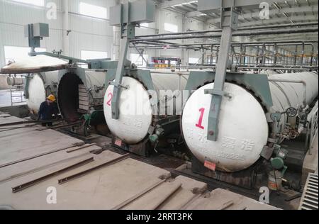 230628 -- TANGSHAN, 28 giugno 2023 -- un dipendente lavora in un'azienda che produce materiali da costruzione nella contea di Luannan, nella provincia di Hebei, nella Cina settentrionale, 27 giugno 2023. La contea di Luannan si è impegnata in uno sviluppo di alta qualità concentrandosi sulla promozione di imprese con tecnologie innovative e di alto livello. CHINA-HEBEI-ENTERPRISE-PRODUCTION CN YangxShiyao PUBLICATIONxNOTxINxCHN Foto Stock