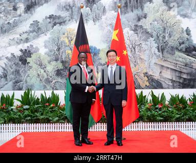 230628 -- CHANGSHA, 28 giugno 2023 -- il vicepresidente cinese Han Zheng incontra il presidente malawiano Lazarus Chakwera, che parteciperà alla terza fiera economica e commerciale Cina-Africa, a Changsha, nella provincia di Hunan, nella Cina centrale, il 28 giugno 2023. CHINA-HUNAN-CHANGSHA-HAN ZHENG-MALAWIAN PRESIDENT-MEETING CN ZHAIXJIANLAN PUBLICATIONXNOTXINXCHN Foto Stock