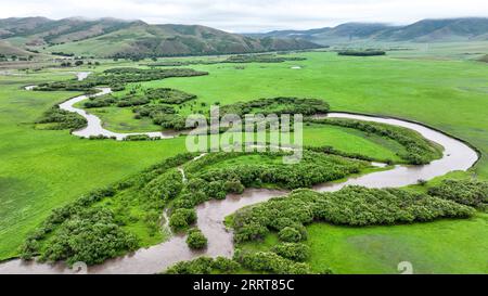 230705 -- HINGGAN LEAGUE, 5 luglio 2023 -- questa foto aerea scattata il 5 luglio 2023 mostra il paesaggio estivo della prateria Ulan Mod a Horqin Right Wing Front Banner della Hinggan League, nella regione autonoma della Mongolia interna della Cina settentrionale. CHINA-INNER MONGOLIA-HINGGAN LEAGUE-ULAN MOD GRASSLAND-LANDSCAPE CN BEIXHE PUBLICATIONXNOTXINXCHN Foto Stock