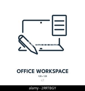 Icona di Office Workspace. Ambiente di lavoro, notebook, PC desktop. Tratto modificabile. Icona vettore semplice Illustrazione Vettoriale