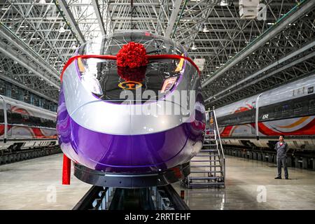 230721 -- CHANGCHUN, 21 luglio 2023 -- questa foto scattata il 21 luglio 2023 mostra la vista esterna del treno proiettile Fuxing appositamente progettato per i Giochi asiatici di Hangzhou a Changchun, nella provincia di Jilin della Cina nordorientale. Il treno è partito a Changchun venerdì. CHINA-JILIN-CHANGCHUN-BULLET TRAIN-ASIAN GAMES CN YANXLINYUN PUBLICATIONXNOTXINXCHN Foto Stock