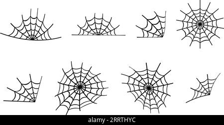 Set di elementi di progettazione Web Spider. Consistenza astratta delle trappole per insetti. Elemento di design Halloween. Modello grafico isolato. Insieme di vettori. Illustrazione Vettoriale