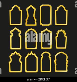 Set di cornici Gold arab. Imposta 3d porte e finestre islamiche vettoriali per un design perfetto per qualsiasi scopo. Arco arabo di forma musulmana. Elemento di progettazione. Figure islamiche Illustrazione Vettoriale