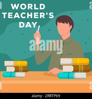 Disegno illustrativo della giornata Mondiale degli insegnanti a vettore piatto con insegnante e libri Illustrazione Vettoriale