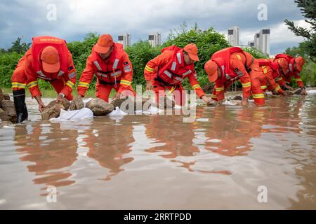 230805 -- HARBIN, 5 agosto 2023 -- i vigili del fuoco trasferiscono rocce per bloccare le inondazioni vicino al villaggio di Dawan del distretto di Dong An, Mudanjiang, provincia di Heilongjiang della Cina nordorientale, 5 agosto 2023. Innescato da piogge torrenziali nella città di Mudanjiang e nella capitale provinciale Harbin, i livelli dell'acqua di alcuni fiumi hanno superato il livello dell'acqua di avvertimento. Squadre di soccorso di emergenza, tra cui vigili del fuoco locali e vigili del fuoco forestale, sono stati inviati per aiutare con il lavoro di soccorso e soccorso. Le pattuglie di 24 ore sui terrapieni sono state condotte per controllare i rischi, e le inondazioni hanno colpito i residenti ha Foto Stock