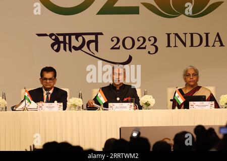 Delhi, India. 9 settembre 2023. Nirmala Sitaraman Ministro delle Finanze dell'India e Jaishankar Ministro degli affari esteri dell'India rivolgendosi alla stampa al vertice del G20 a nuova Delhi: Credito: Seshadri SUKUMAR/Alamy Live News Foto Stock