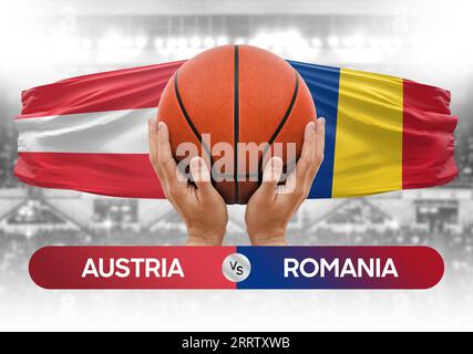 Immagine concettuale della Coppa di gara di pallacanestro delle squadre nazionali di basket Austria vs Romania Foto Stock