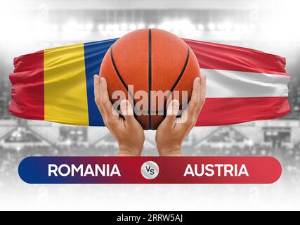 Immagine concettuale della Coppa di gara di pallacanestro delle squadre nazionali di basket Romania contro Austria Foto Stock